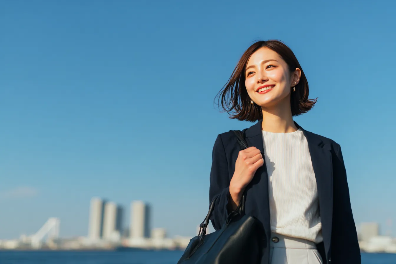 青空の下で前を向いて歩く人